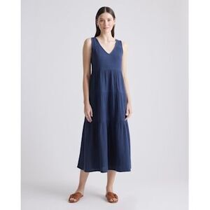 NWT Quince 100% Organic Cotton Gauze Tiered Maxi Dress Navy Small